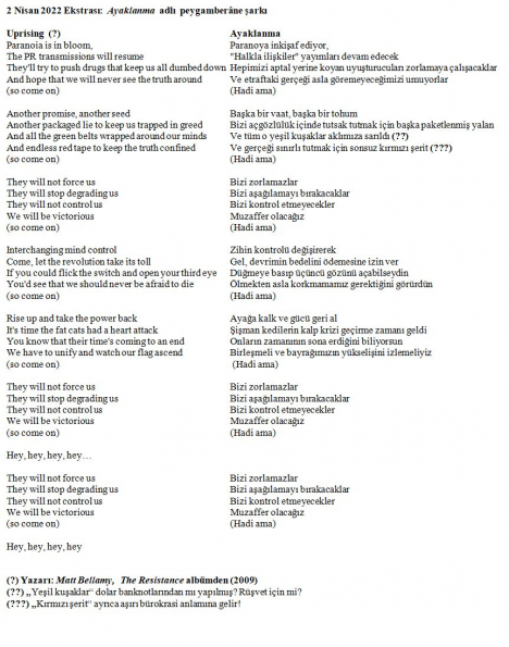 Ayaklanma - Güftesi